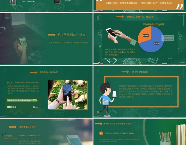 绿色黑板专注学习远离手机青少年主题班会PPT模板