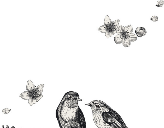 花朵花鸟钢笔画黑白素材