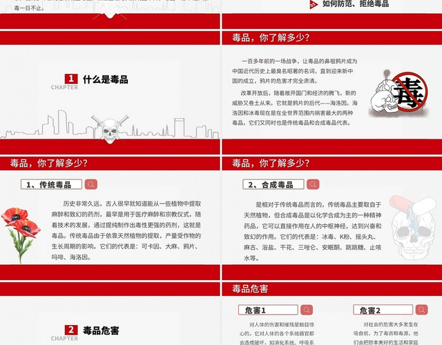 红色简约手绘全国禁毒日主题班会PPT模板