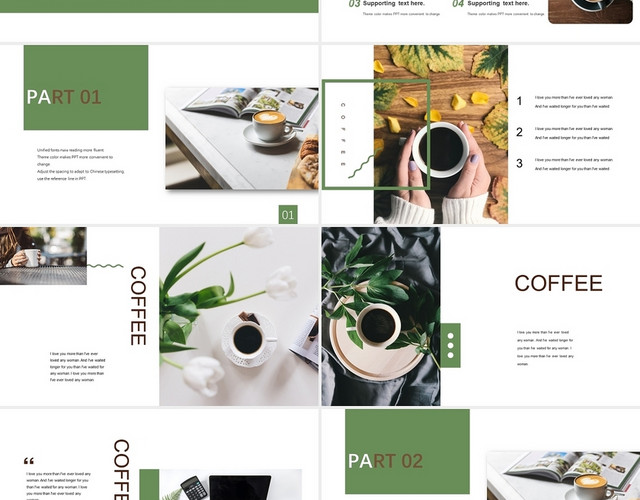绿色咖啡色简约杂志风格咖啡文化主题PPT模板
