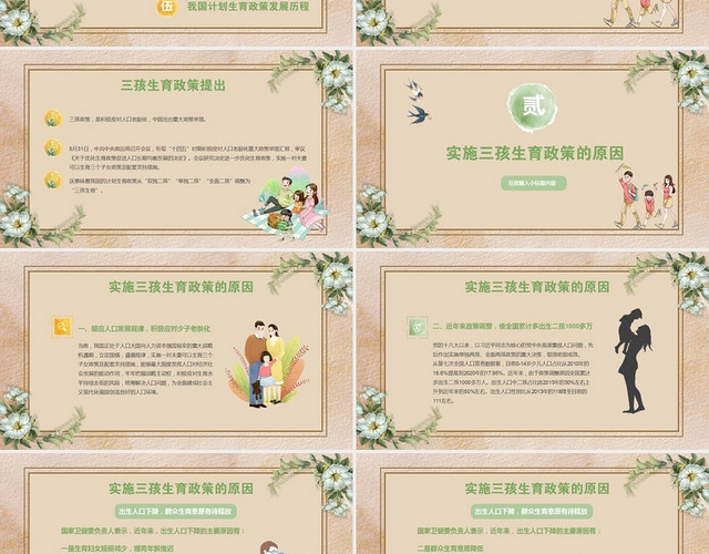 清新水彩全面实施三胎政策三孩PPT模板