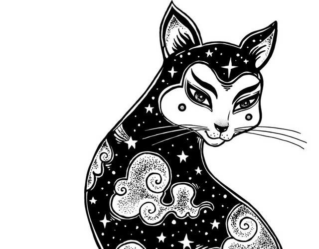 手绘卡通花猫素材