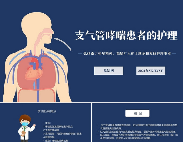 蓝色简约卡通支气管哮喘患者的护理PPT模板