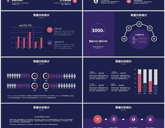 深蓝色统计报表数据分析商务通用PPT模板
