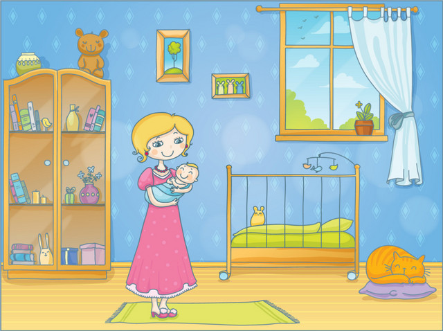 蓝色卡通母子矢量素材