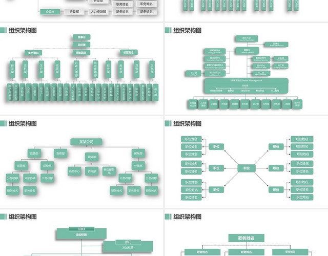 绿色简约风19套公司企业组织结构架构图PPT模板