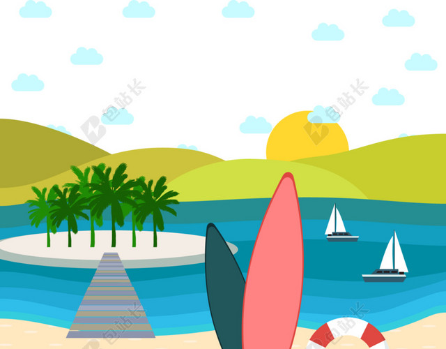 彩色手绘椰子树海滩海边帆船背景