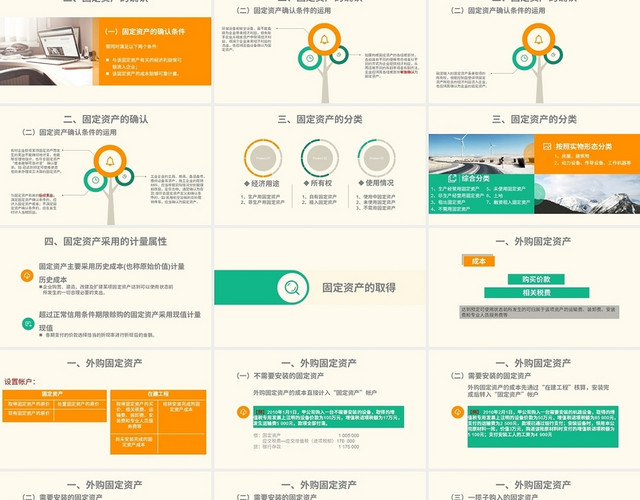 蓝橙米色灰色扁平化简约商务固定资产培训上册PPT模板