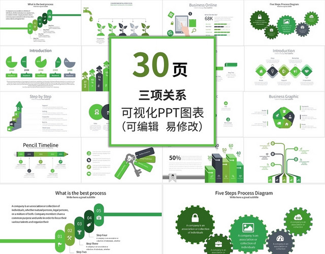 绿色五项并列关系PPT图表合集PPT模板