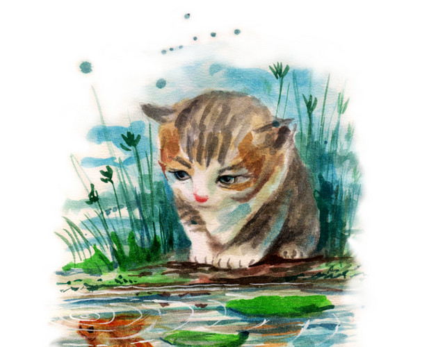 唯美自然卡通小猫戏水图免抠素材