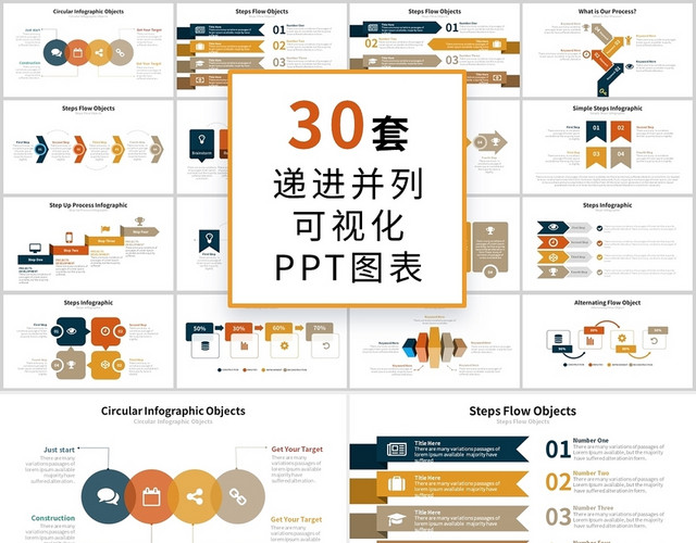 多彩商务并列递进可视化PPT图表合集模板