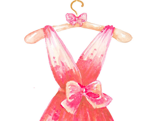 水彩手绘粉色开胸礼服裙子