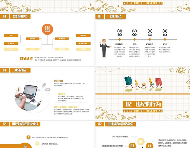 黄色卡通简约校风校纪主题班会安全教育 PPT 模板