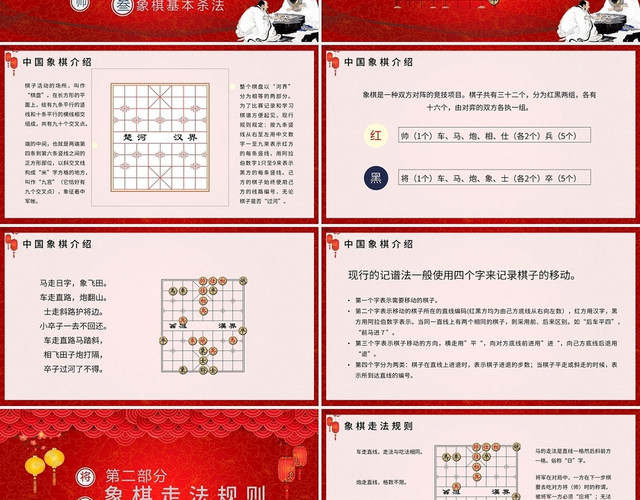 红色中国风中国象棋走法搏杀介绍PPT模板