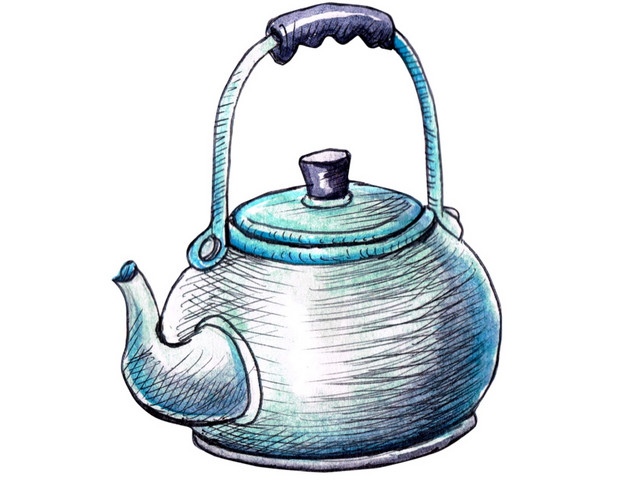 手绘蓝色茶壶免抠素材