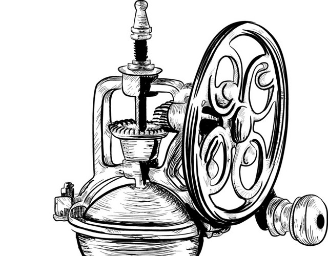 黑色手绘手磨咖啡机器矢量插画