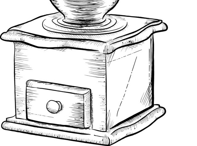 黑色手绘手磨咖啡机器矢量插画
