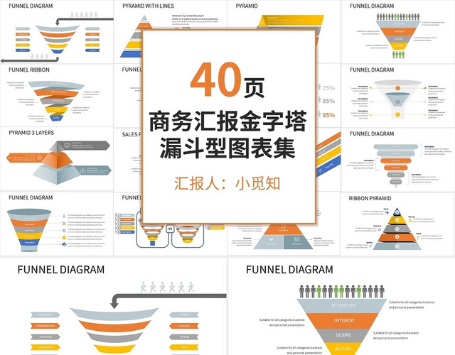 40页商务汇报金字塔漏斗型图表集PPT模板