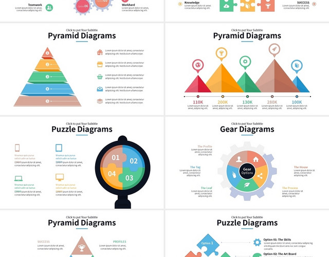 齿轮图漏斗图圆图拼图金字塔图信息可视化图表集PPT模板