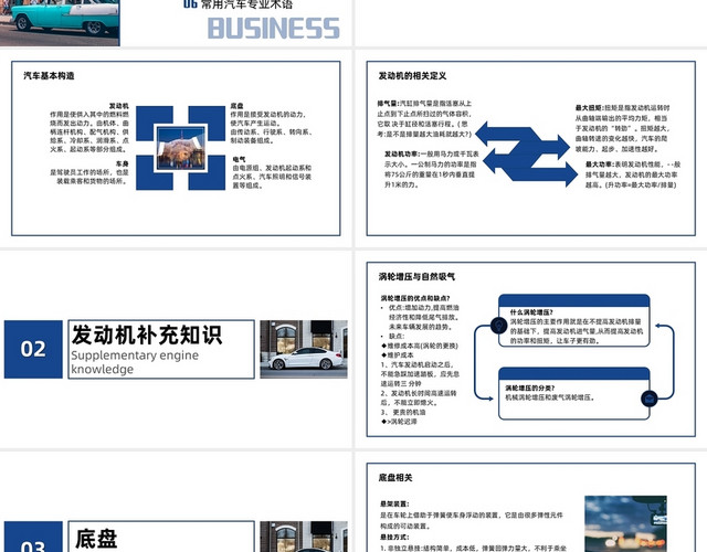 蓝色商务简约大气汽车销售培训发动机底盘汽车培训PPT模板