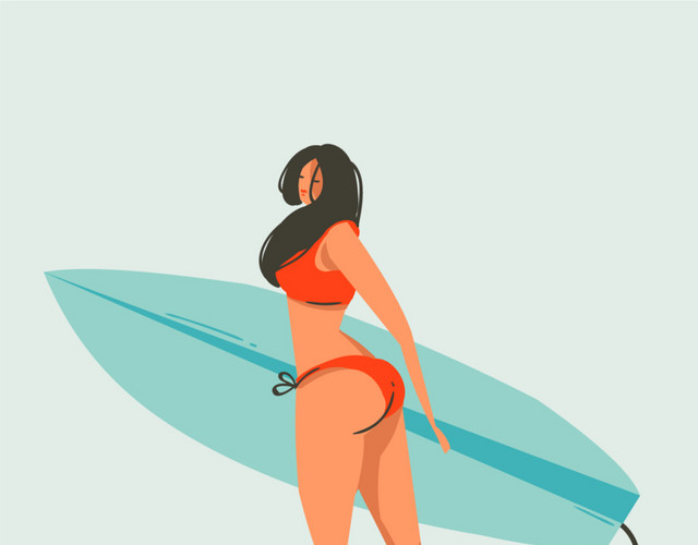 卡通手绘彩色美女冲浪插图