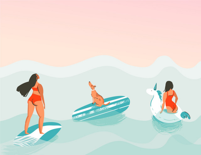 卡通手绘彩色冲浪插图
