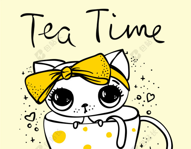 卡通手绘彩色茶杯猫插图