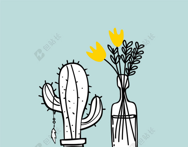 卡通手绘彩色盆栽插图