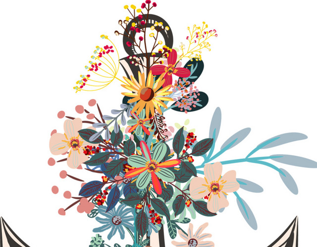 清新彩绘船锚彩色花朵花枝素材