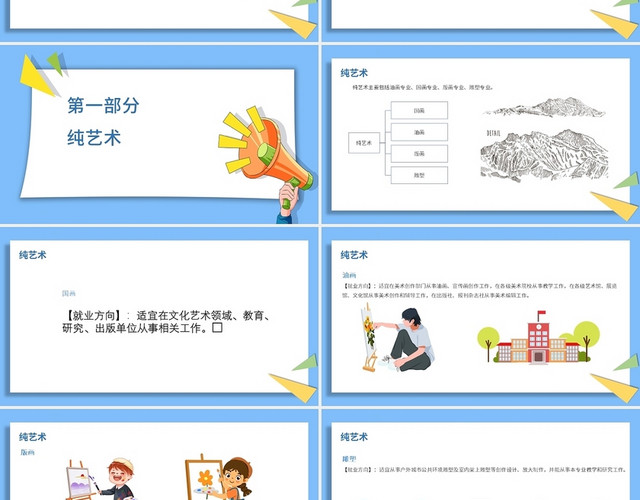 蓝色卡通边框美术专业介绍说课培训PPT模板
