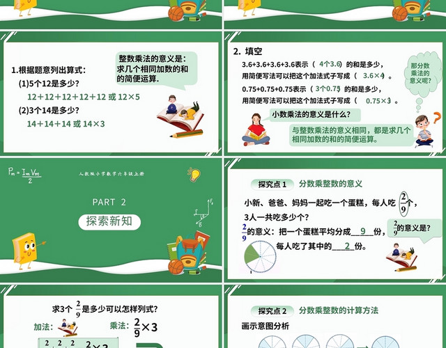 绿色卡通小学数学课件分数乘整数PPT模板