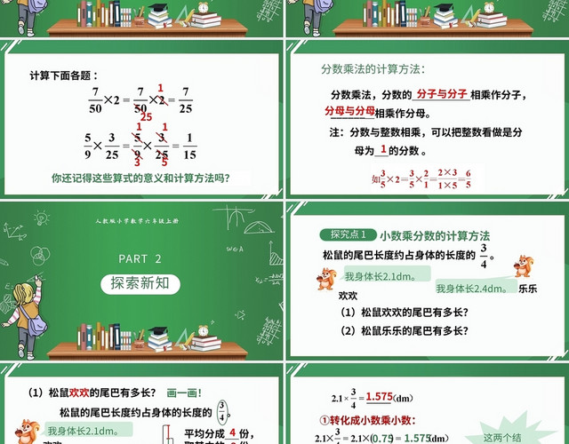 数学卡通小学数学课件小数乘分数PPT模板