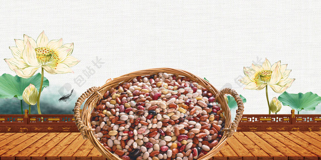 麻布纹理中国风荷花中医文化海报背景素材