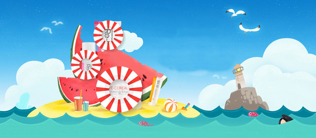 立夏海边旅游文艺小清新西瓜蓝色背景