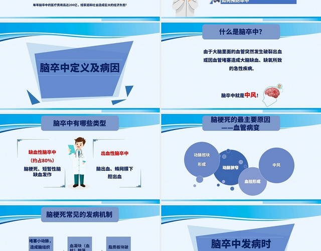 蓝色水彩简约卡通脑卒中的识别与预防医疗工作汇报PPT模板