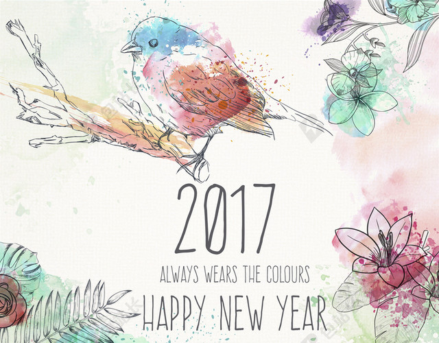 美式2017新年圣诞手绘小鸟祝福贺卡海报
