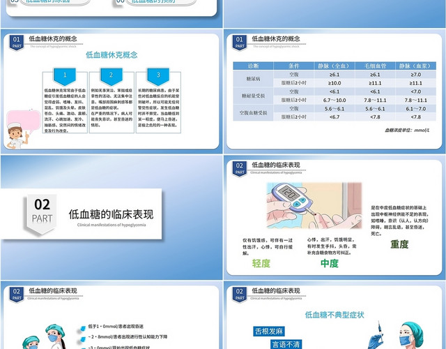 渐变蓝色简约商务低血糖休克护理查房医疗培训教育课件医生模板