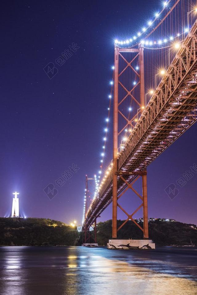 蓝色建筑唯美桥梁霓虹灯光背景图片
