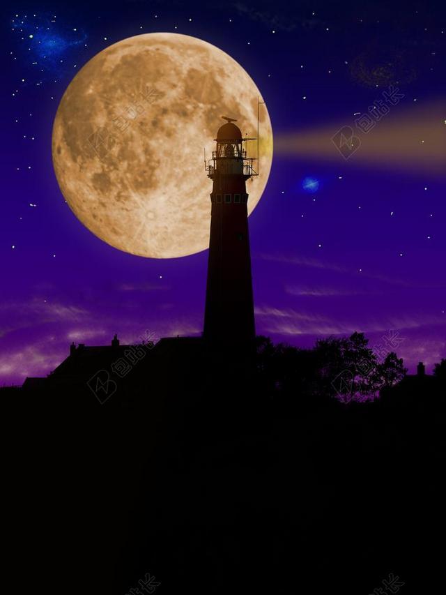 自然唯美满月下的灯塔等星空月亮自然背景图片
