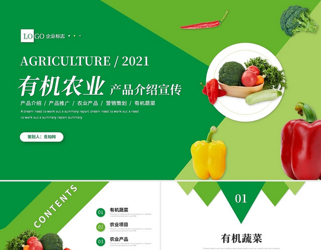 绿色清新简约有机农业有机蔬菜产品介绍宣传PPT模板