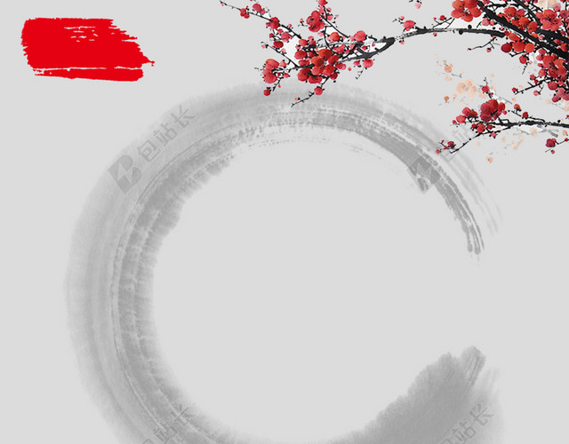 中国风灰色泼墨梅花红色背景