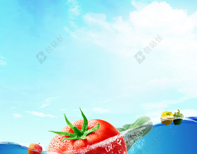 蓝色天空海水泳池西红柿辣椒苹果水果蔬菜