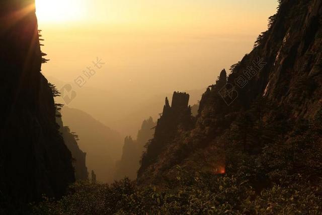 黄色自然壮阔阳光下的云雾和树林自然山野背景图片