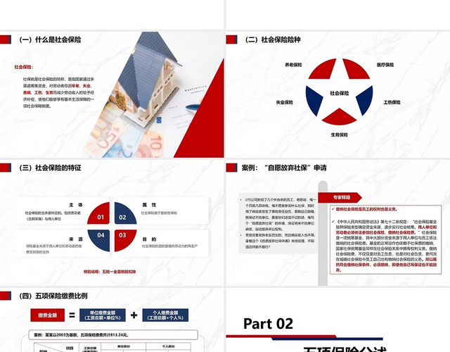 红色蓝色简约社会保险基础知识培训PPT模板