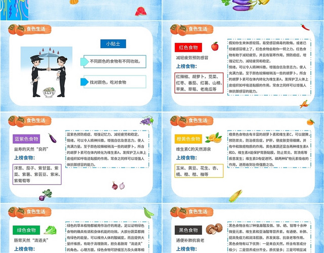 简约蓝色油画美卡通健康饮食生活小常识蔬菜水果食品安全培训课件合理膳食