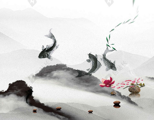 中国风黑白水墨山水H5素材图片