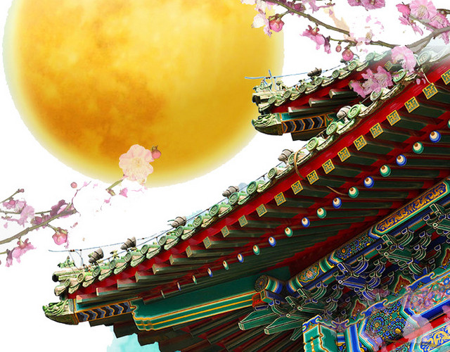中国风屋檐桃花圆月中秋节