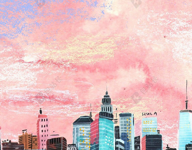 插画城市建筑背景粉笔质感粉色背景H5背景