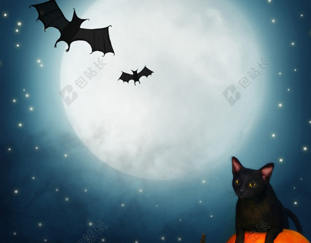 南瓜月亮小猫万圣节背景图