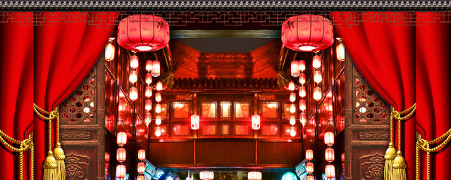 新年红色灯笼窗帘海报BANNER背景
